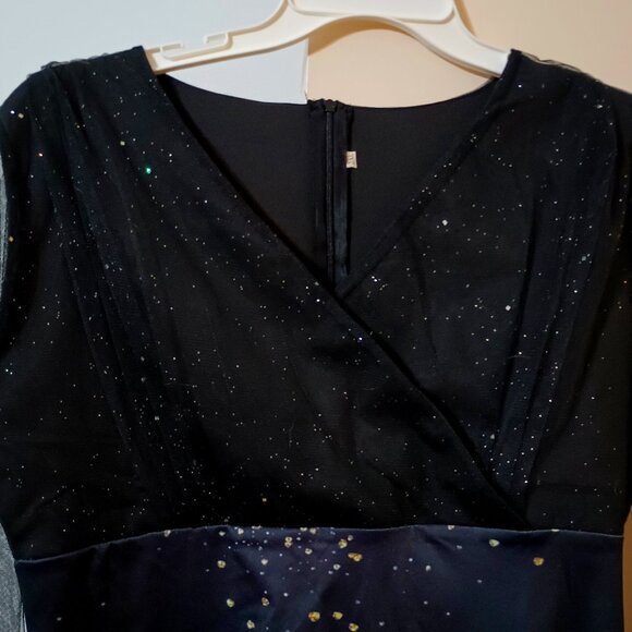 EUC ~ Women's Sheer Long Sleeve Bodycon Dress, Holiday Golden Sparkly Print - Picture 3 of 5